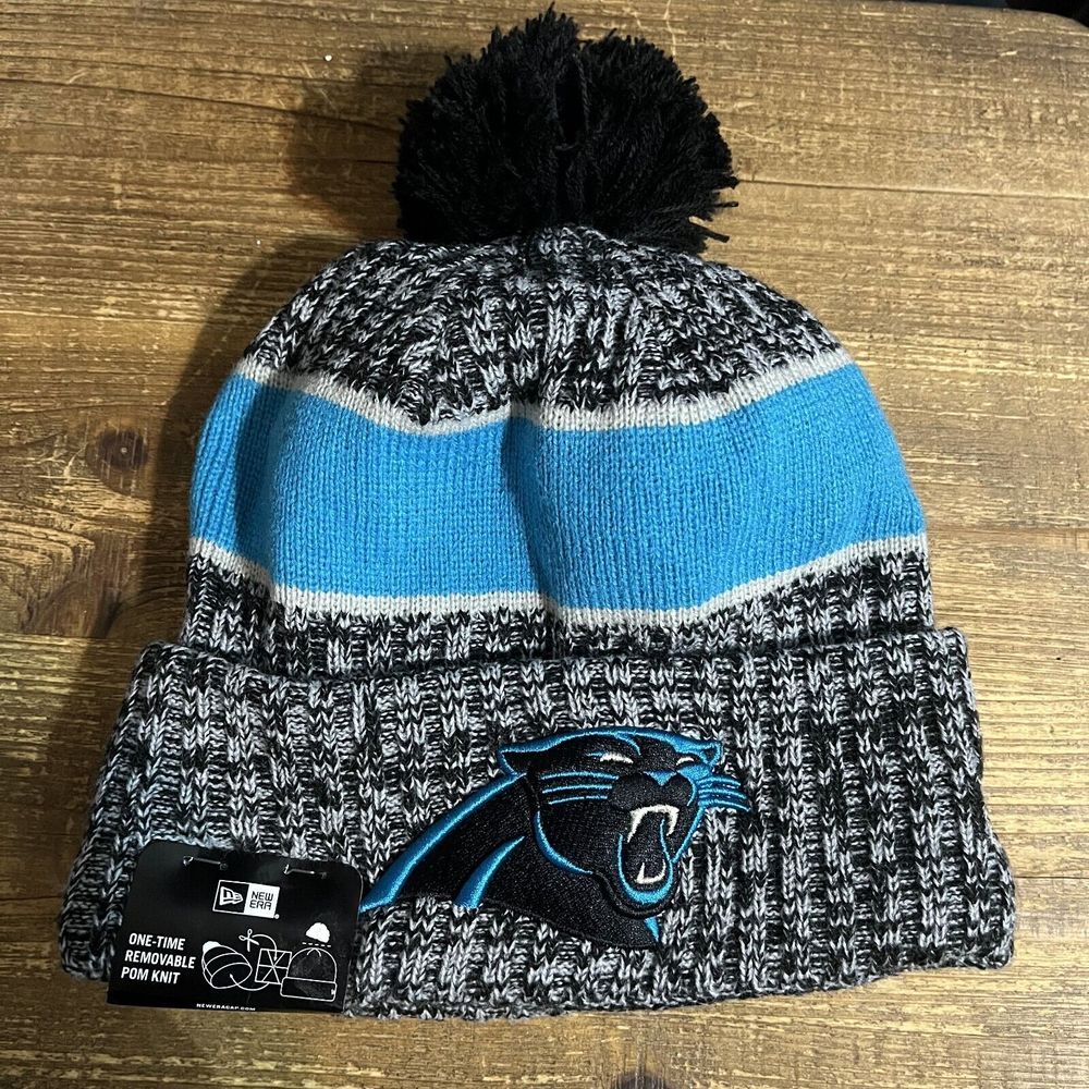 New Era Black Carolina Panthers Bannie Hat‎ Men's One Size Logo Cuffed Knit Pom